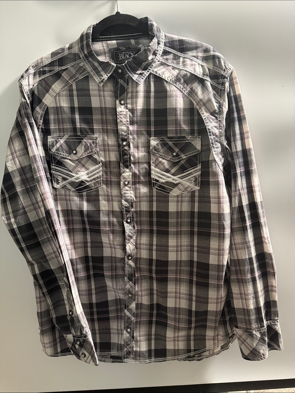 Buckle Black- Men’s Black and White Plaid Button-Down Shirt